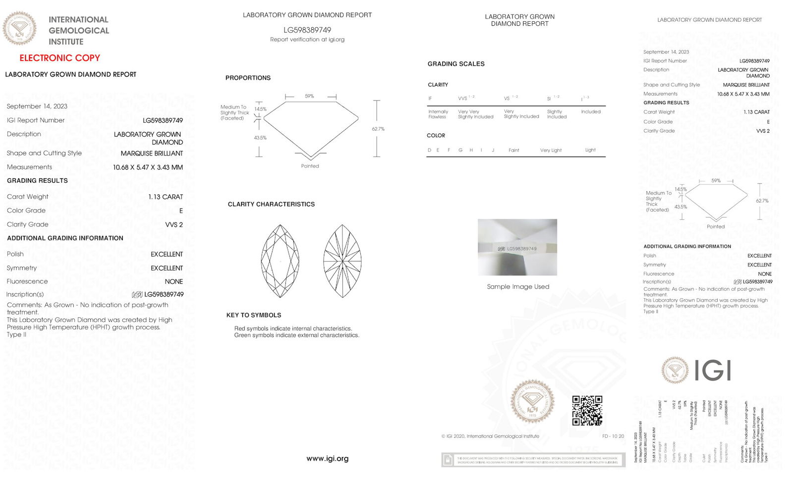 Certificate of diamond 1.13 Carat Marquise Diamond