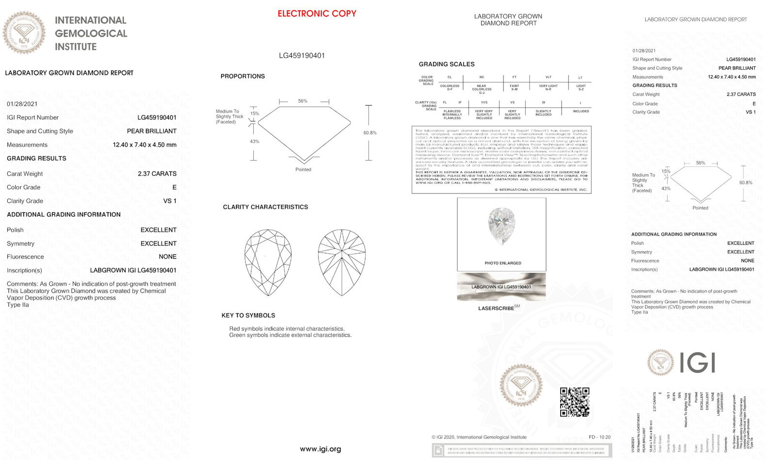 Certificate of diamond 2.37 Carat Pear Diamond