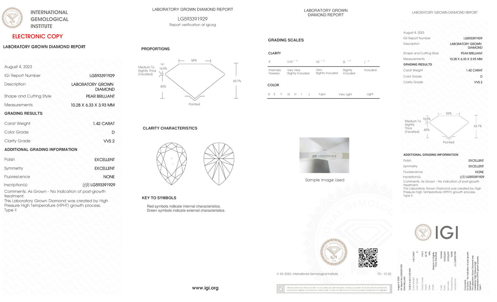 Certificate of diamond 1.42 Carat Pear Diamond