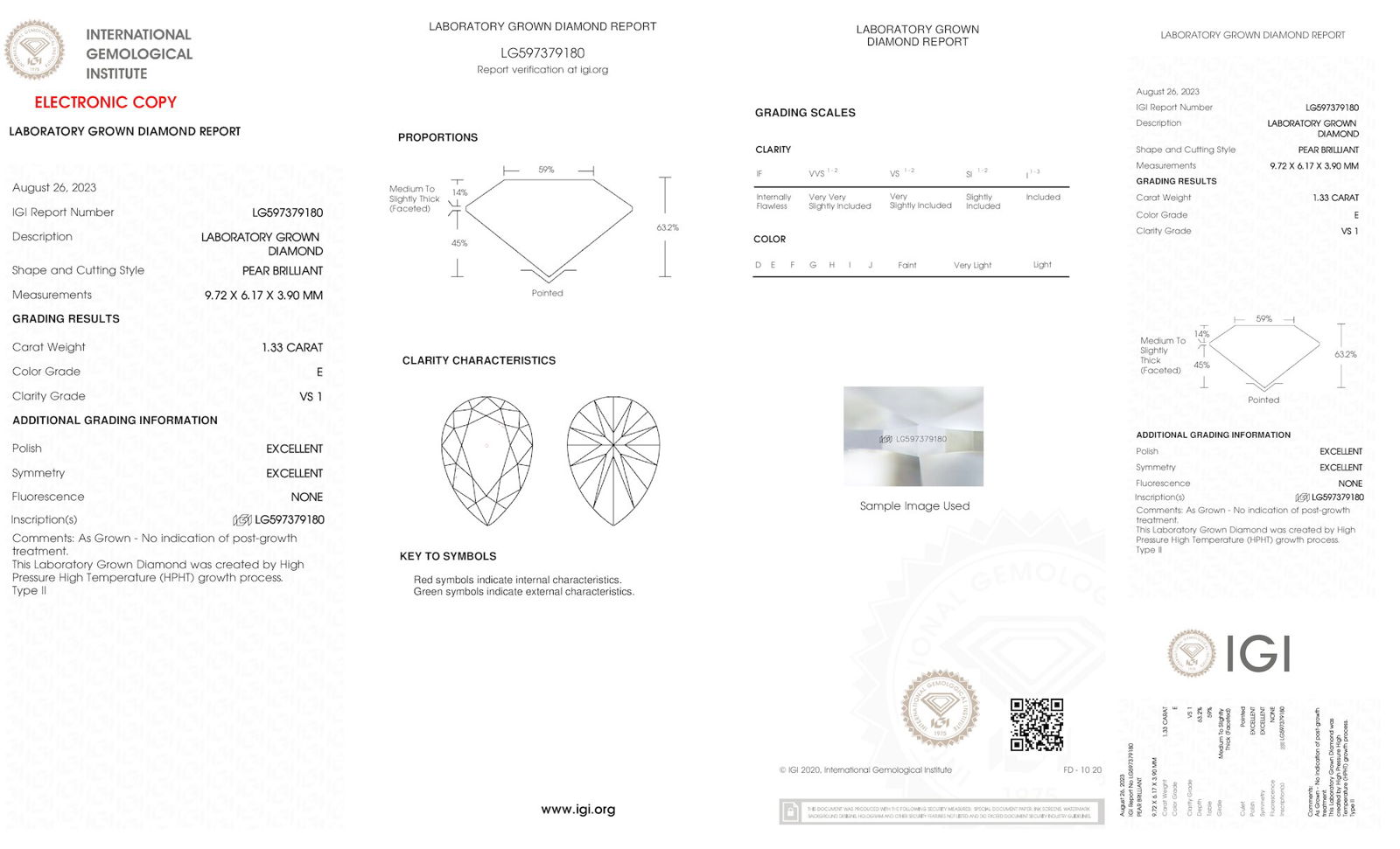 Certificate of diamond 1.33 Carat Pear Diamond