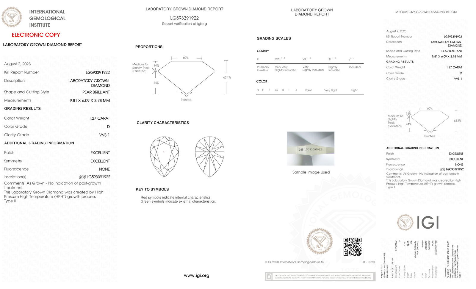 Certificate of diamond 1.27 Carat Pear Diamond