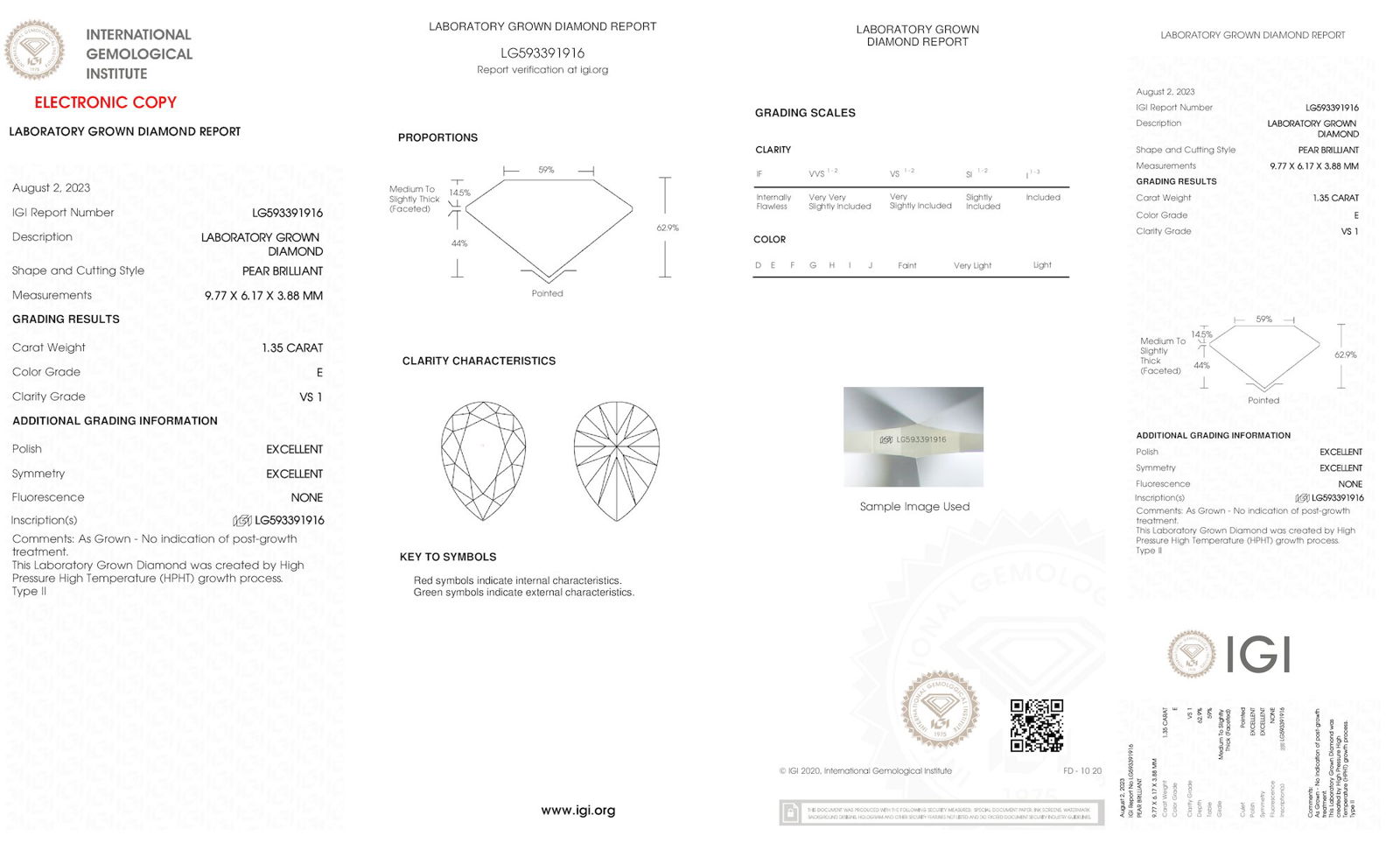 Certificate of diamond 1.35 Carat Pear Diamond