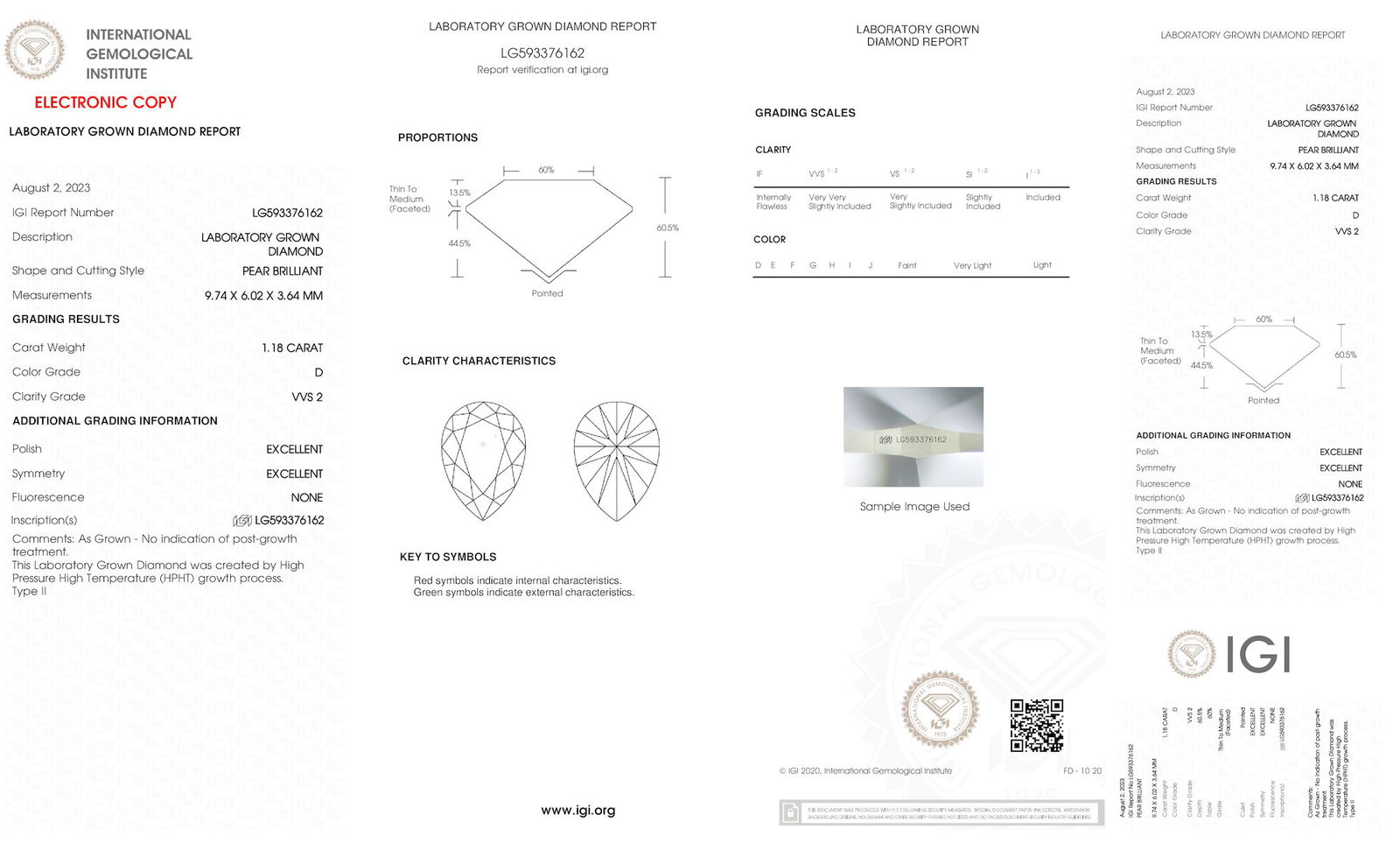 Certificate of diamond 1.18 Carat Pear Diamond