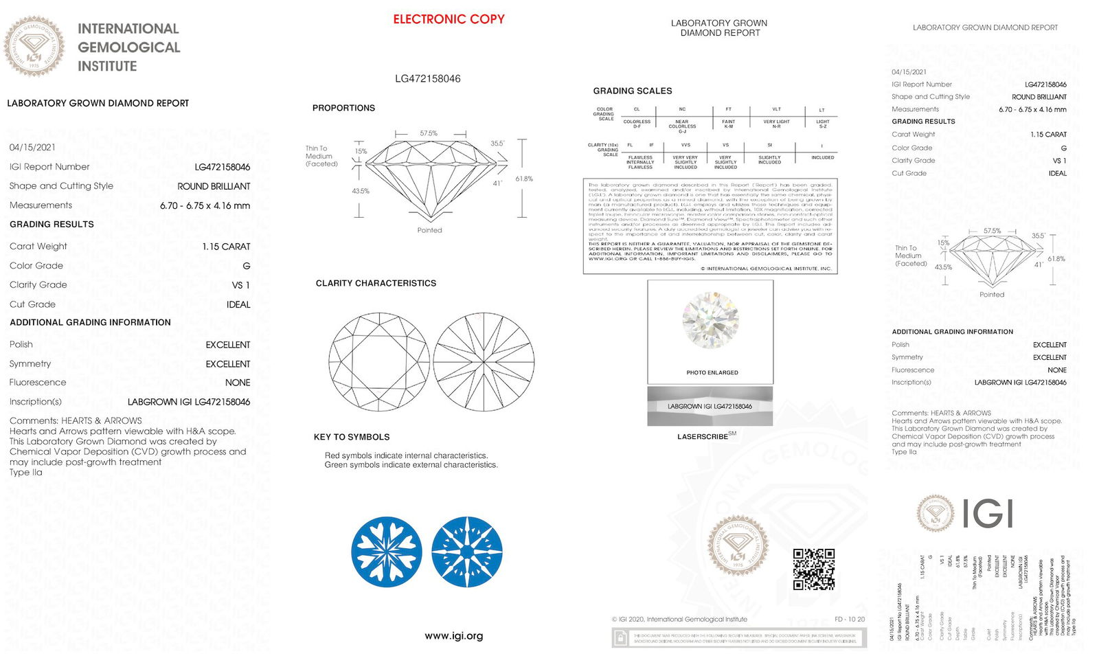 Certificate of diamond 1.15 Carat Round Diamond