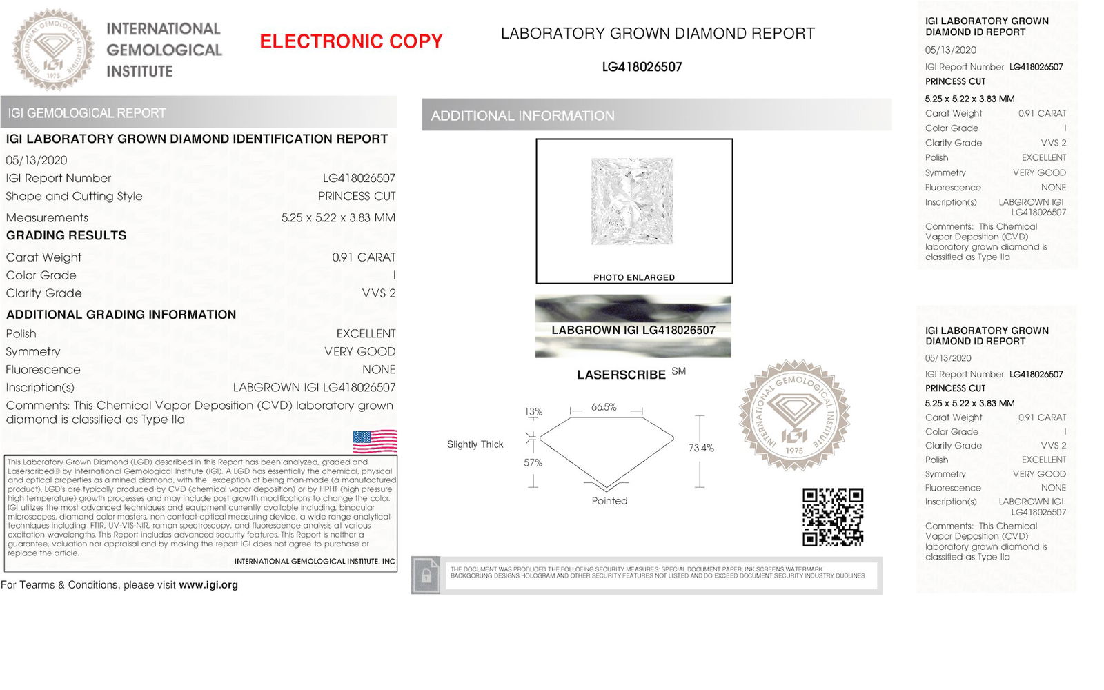 Certificate of diamond 0.91 Carat Princess Diamond