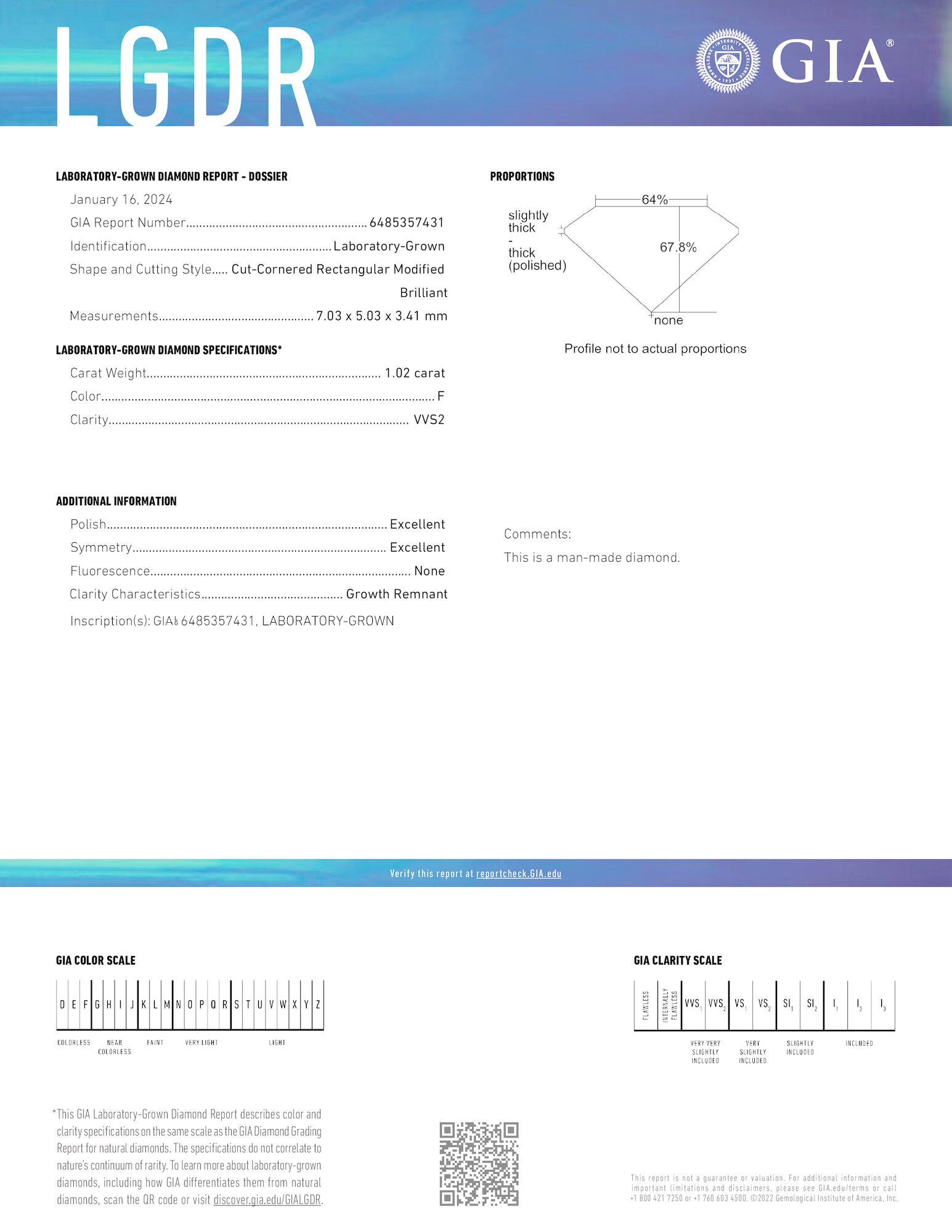 Certificate of diamond 1.02 Carat Radiant Diamond