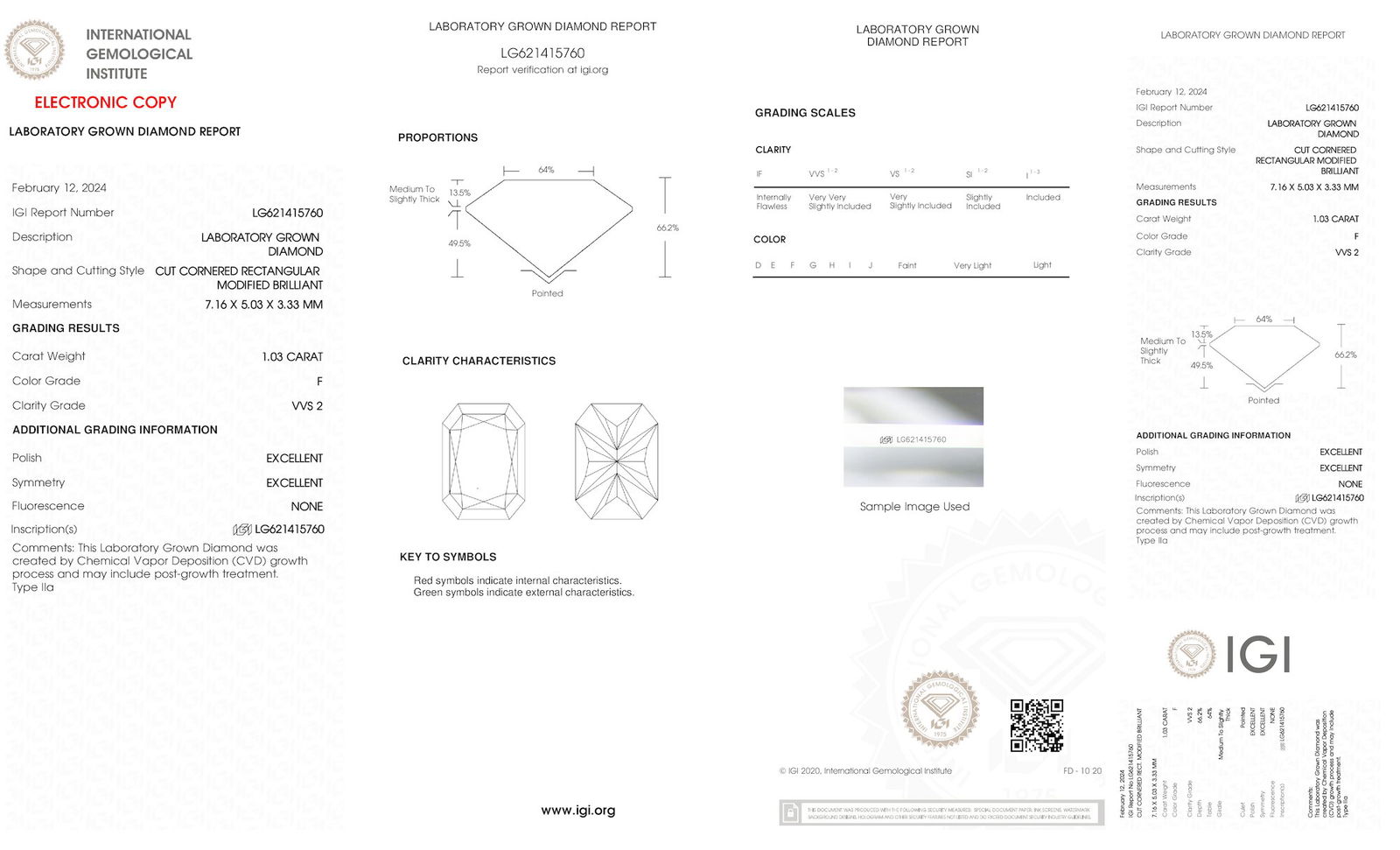 Certificate of diamond 1.03 Carat Radiant Diamond