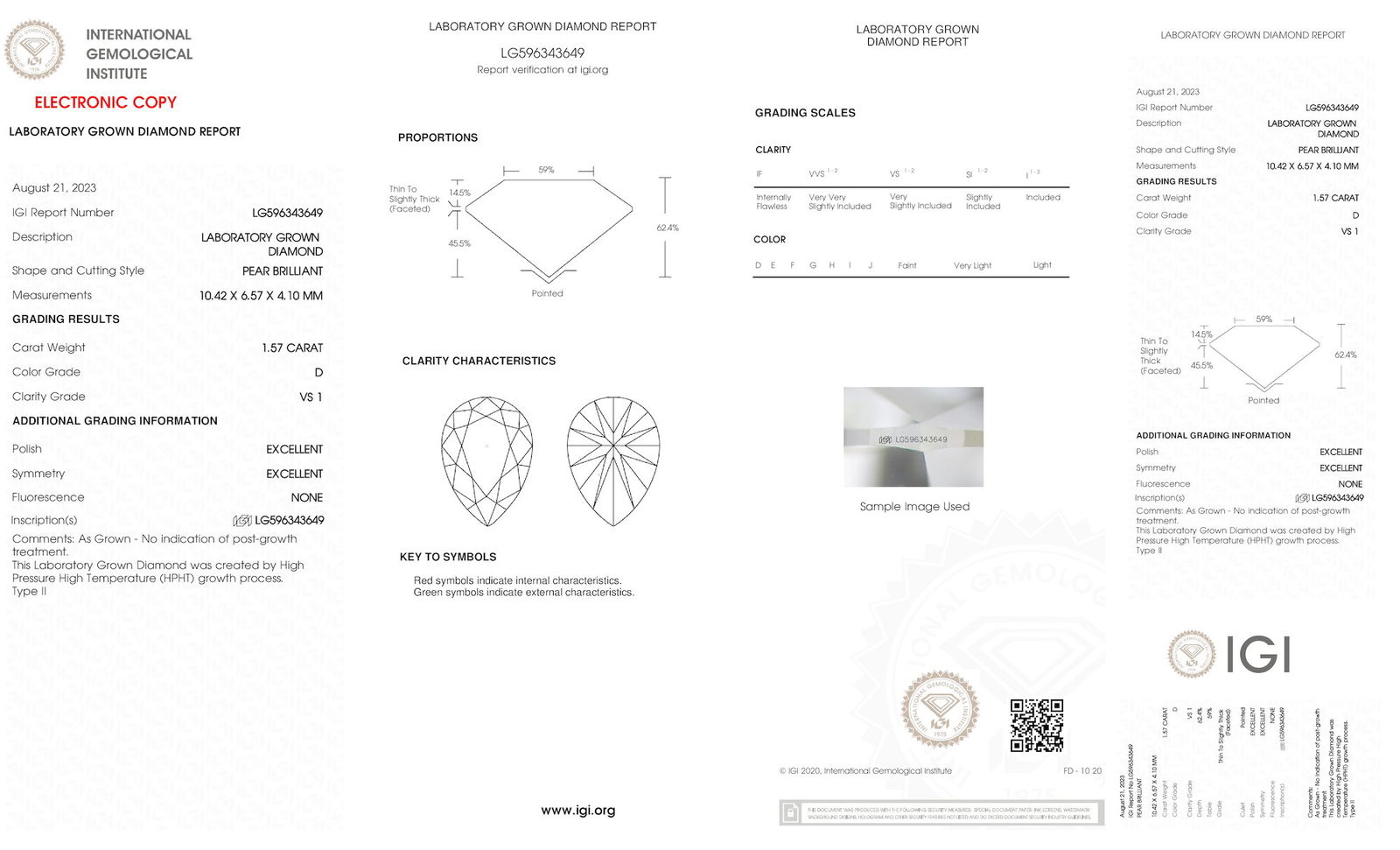 Certificate of diamond 1.57 Carat Pear Diamond