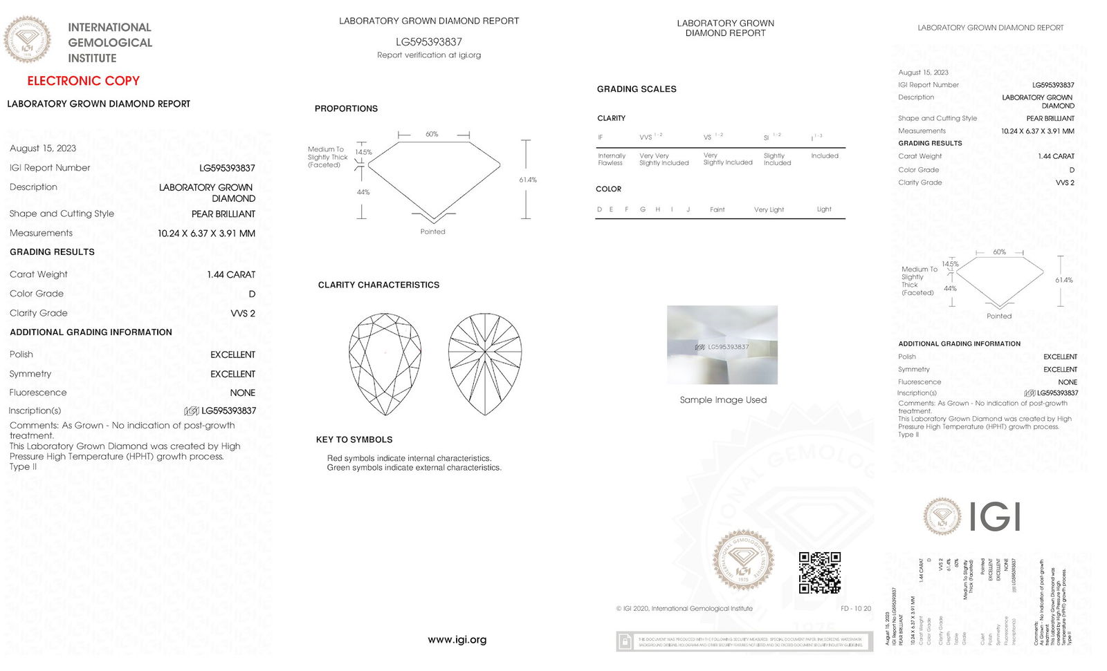 Certificate of diamond 1.44 Carat Pear Diamond