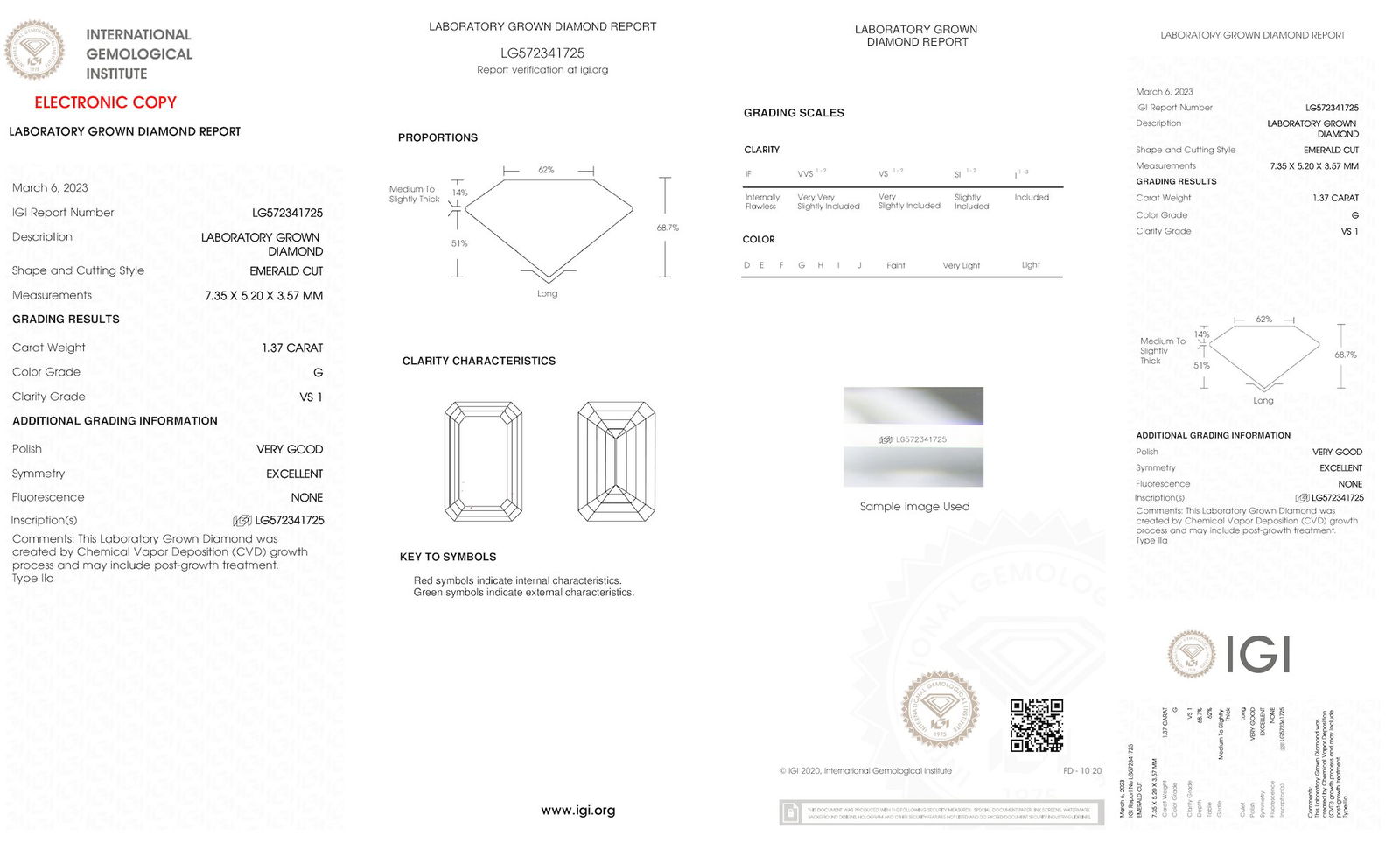 Certificate of diamond 1.37 Carat Emerald Diamond