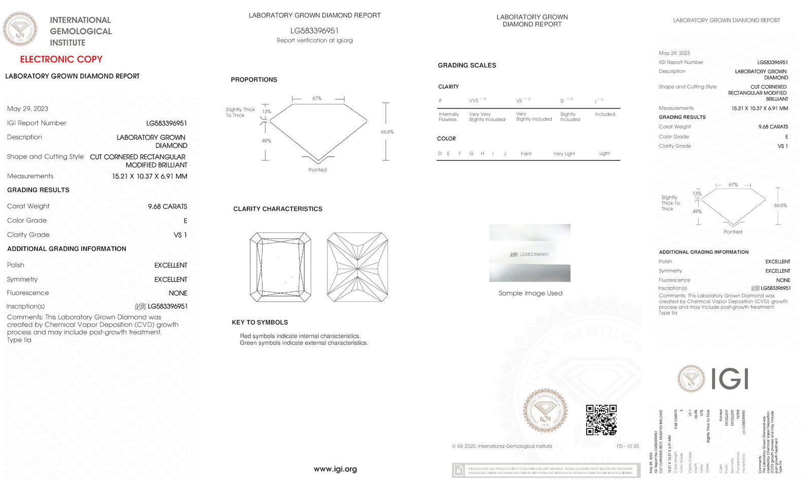 Certificate of diamond 9.68 Carat Radiant Diamond