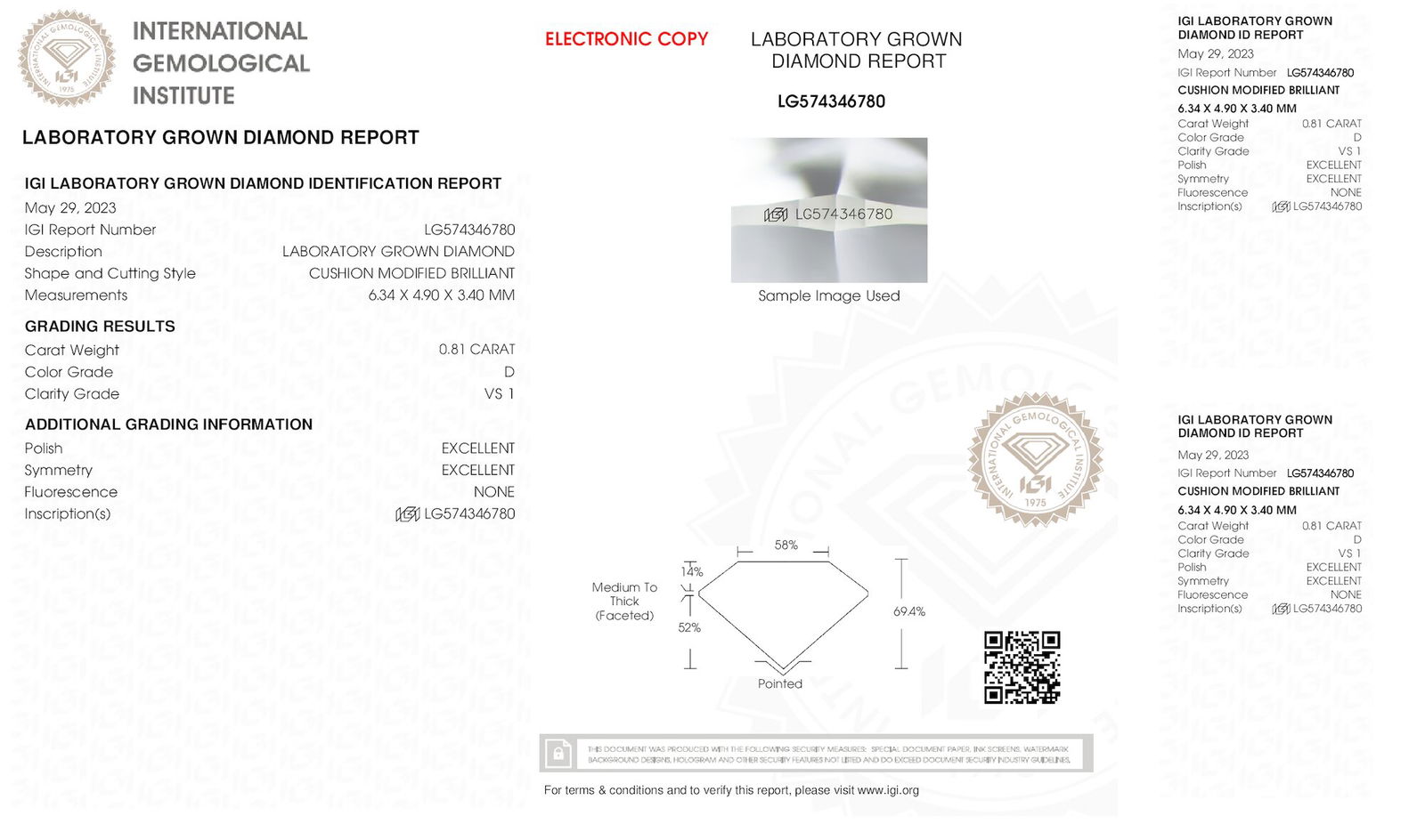 Certificate of diamond 0.81 Carat Cushion Diamond