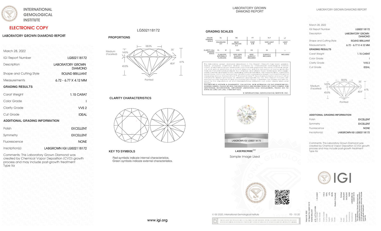 Certificate of diamond 1.15 Carat Round Diamond