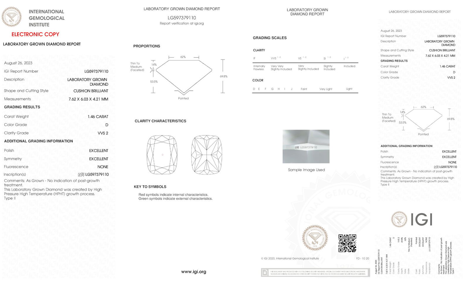 Certificate of diamond 1.46 Carat Cushion Diamond