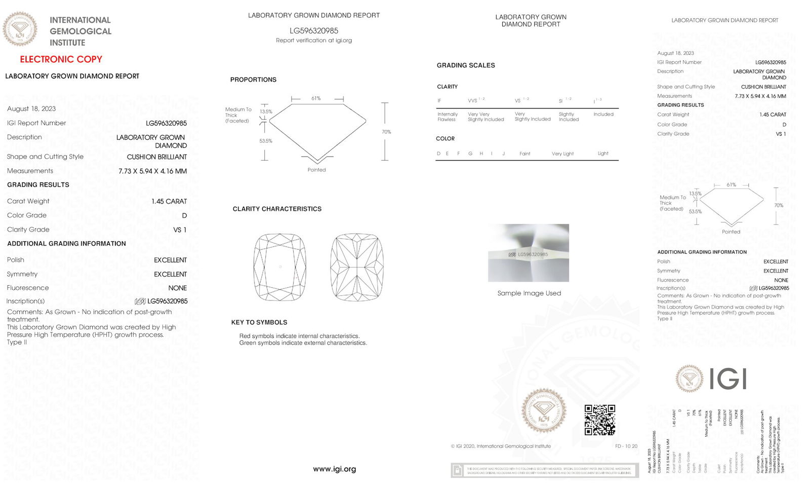 Certificate of diamond 1.45 Carat Cushion Diamond