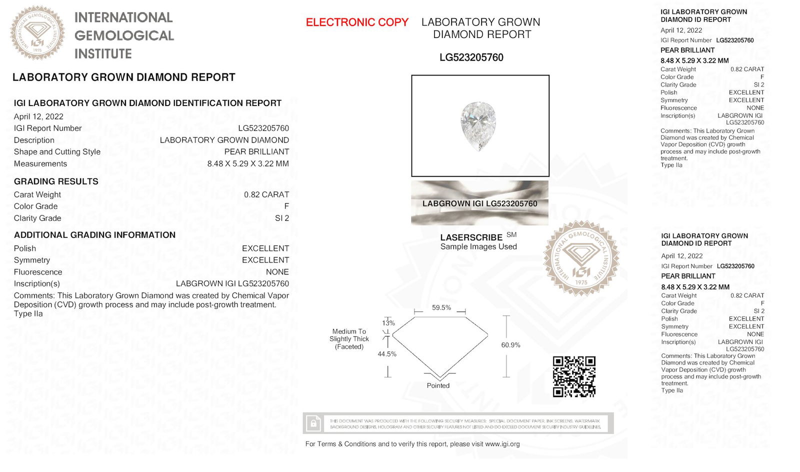 Certificate of diamond 0.82 Carat Pear Diamond