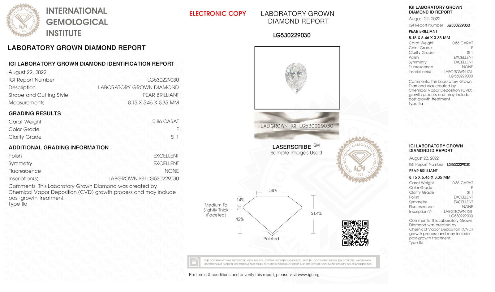 Certificate of diamond 0.86 Carat Pear Diamond