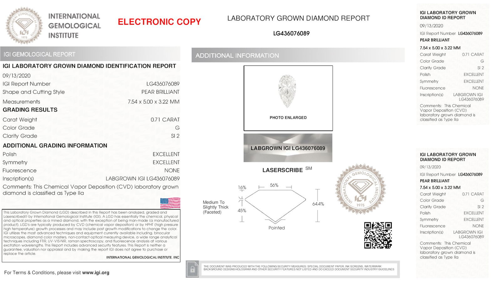 Certificate of diamond 0.71 Carat Pear Diamond