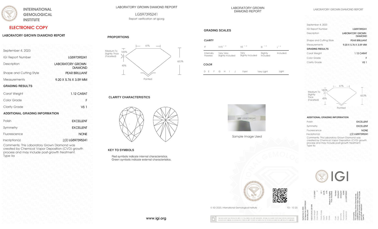 Certificate of diamond 1.12 Carat Pear Diamond
