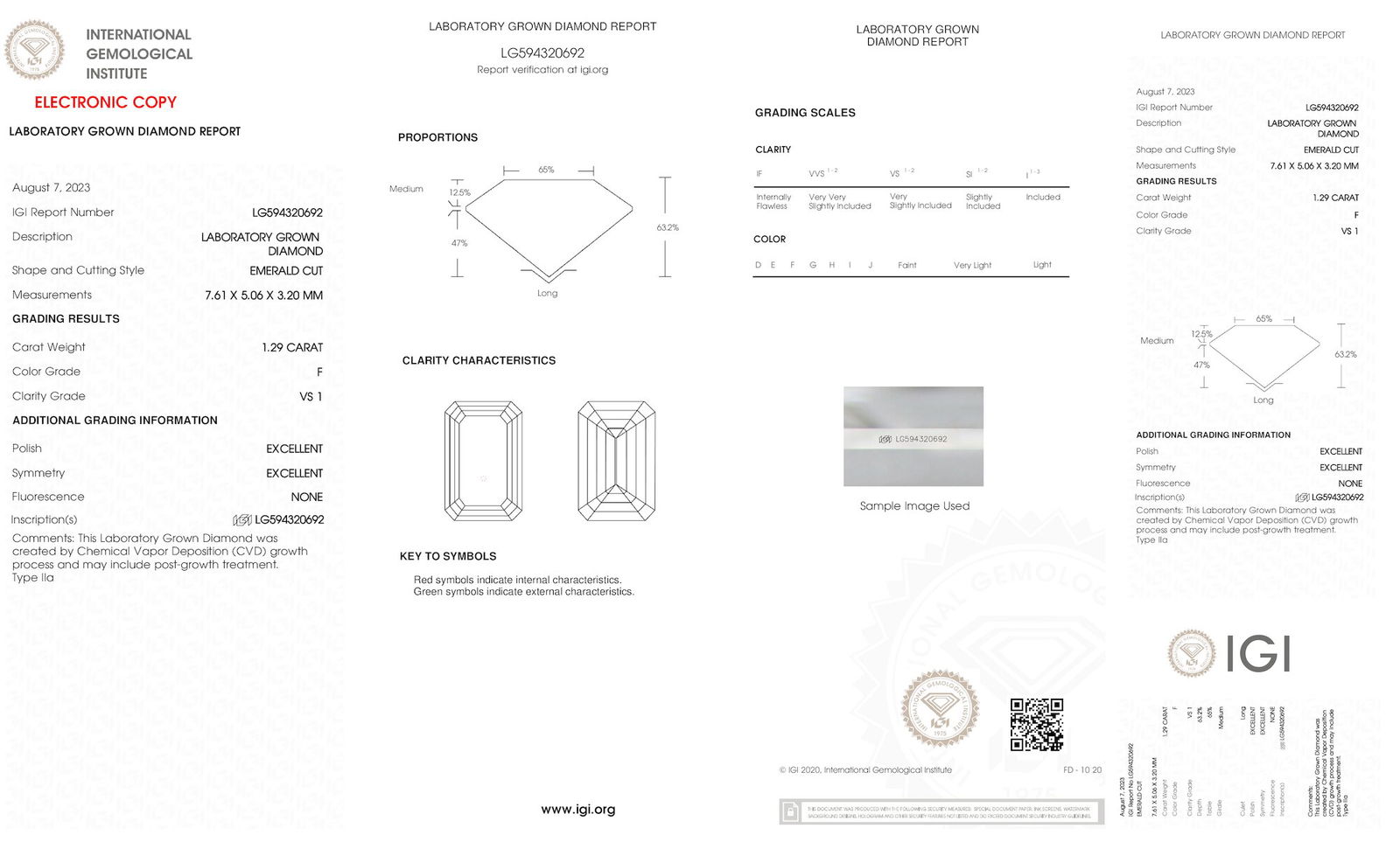 Certificate of diamond 1.29 Carat Emerald Diamond