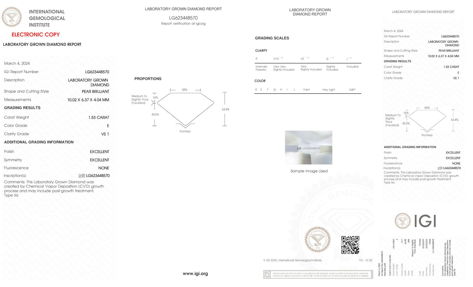 Certificate of diamond 1.53 Carat Pear Diamond