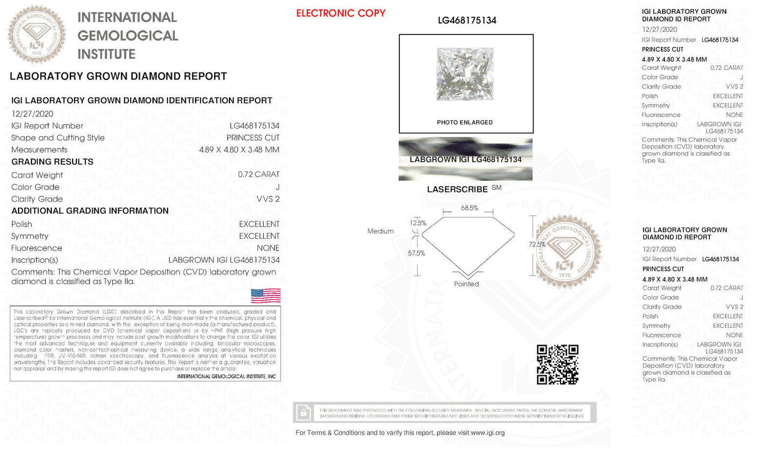 Certificate of diamond 0.72 Carat Princess Diamond
