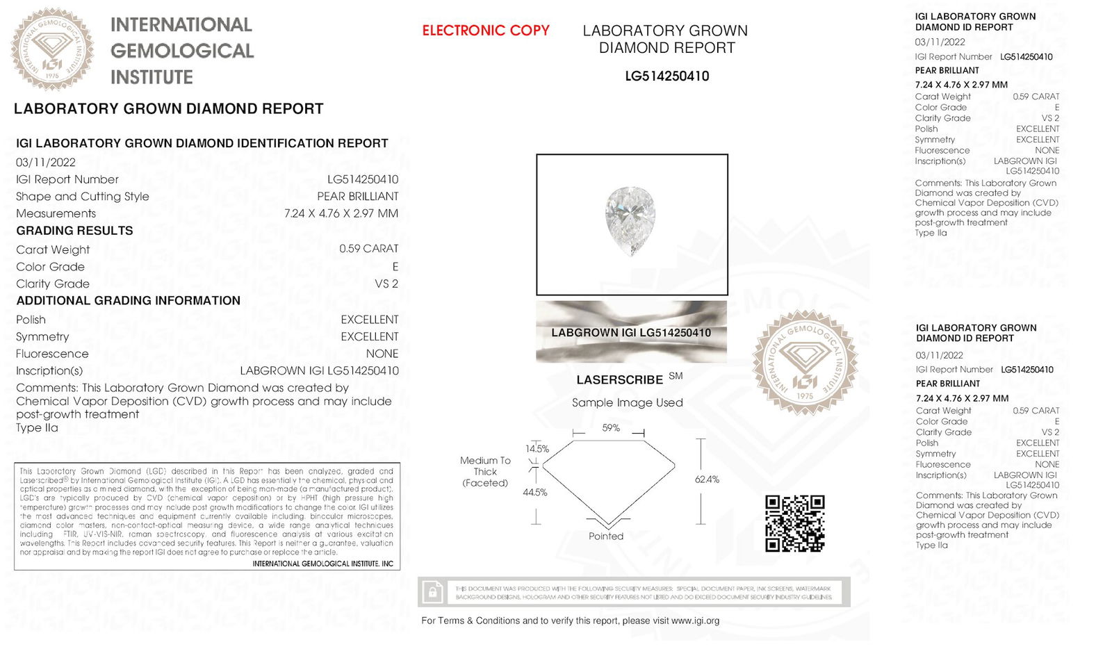 Certificate of diamond 0.59 Carat Pear Diamond