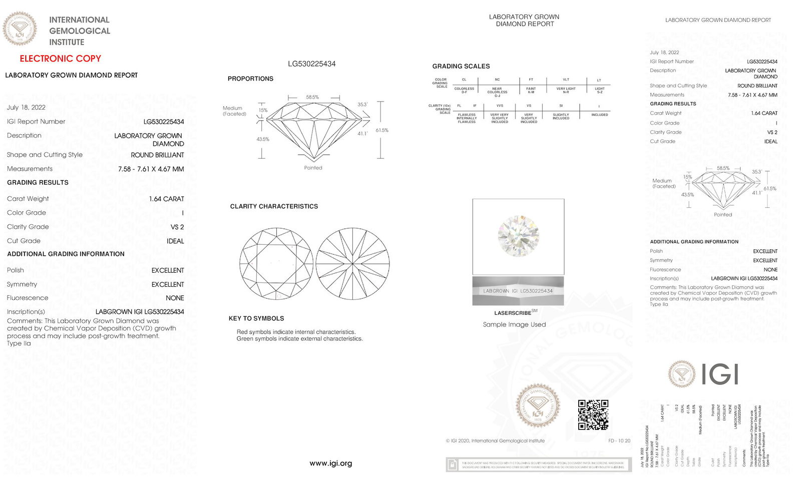 Certificate of diamond 1.64 Carat Round Diamond