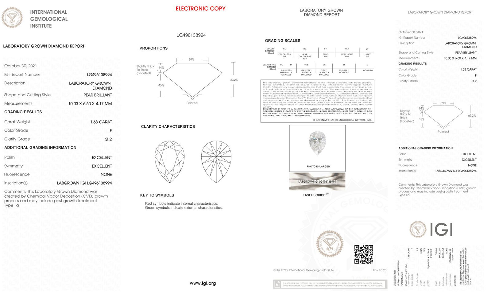 Certificate of diamond 1.63 Carat Pear Diamond