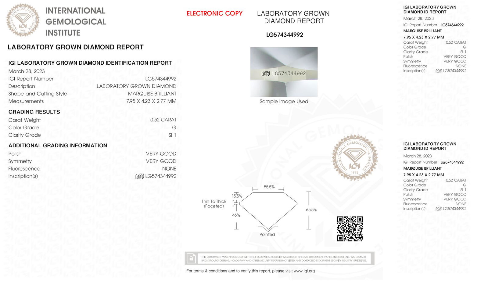 Certificate of diamond 0.52 Carat Marquise Diamond