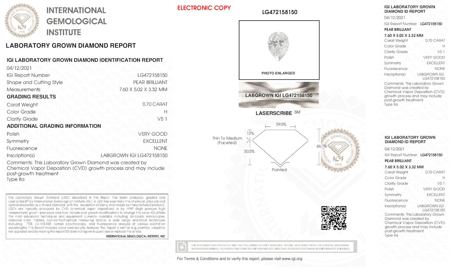 Certificate of diamond 0.7 Carat Pear Diamond
