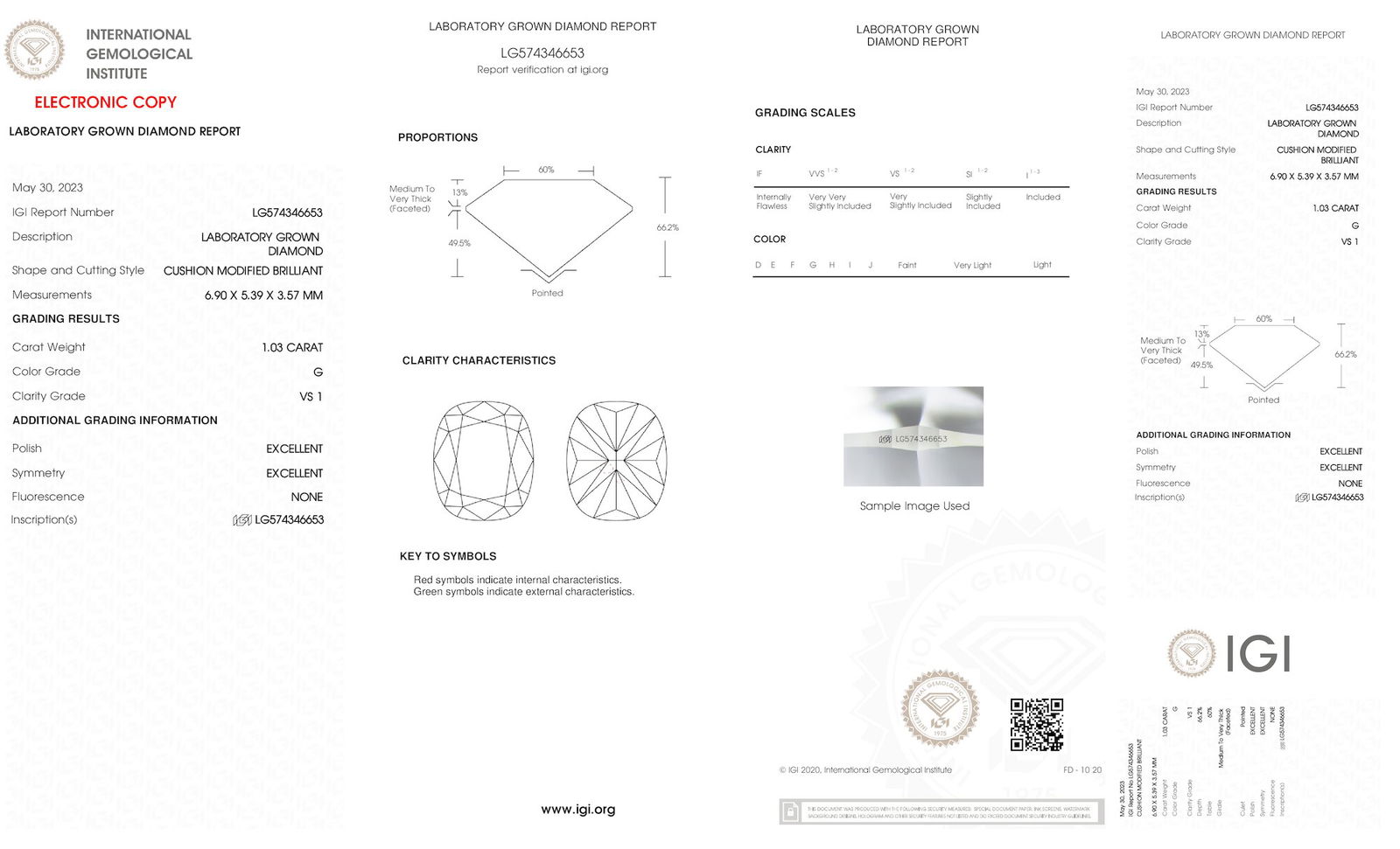 Certificate of diamond 1.03 Carat Cushion Diamond