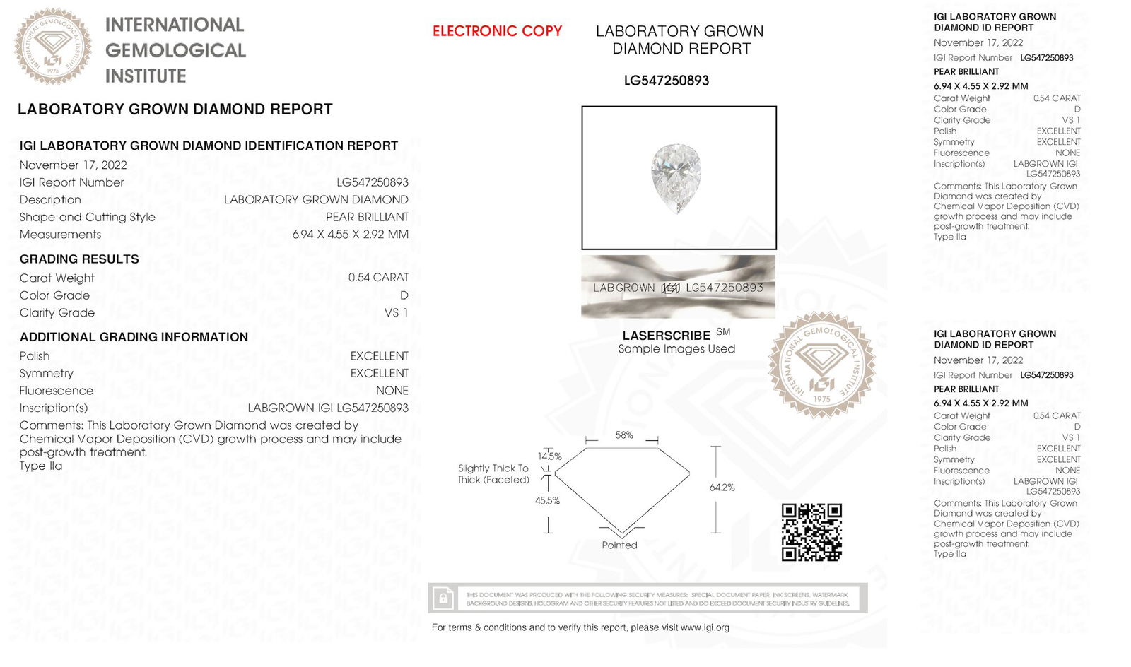 Certificate of diamond 0.54 Carat Pear Diamond