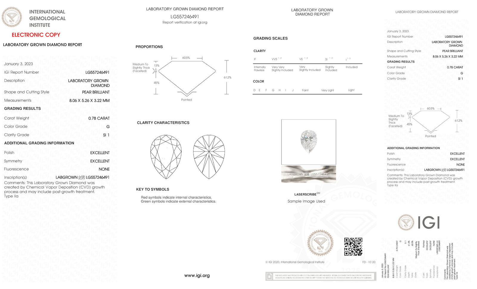 Certificate of diamond 0.78 Carat Princess Diamond