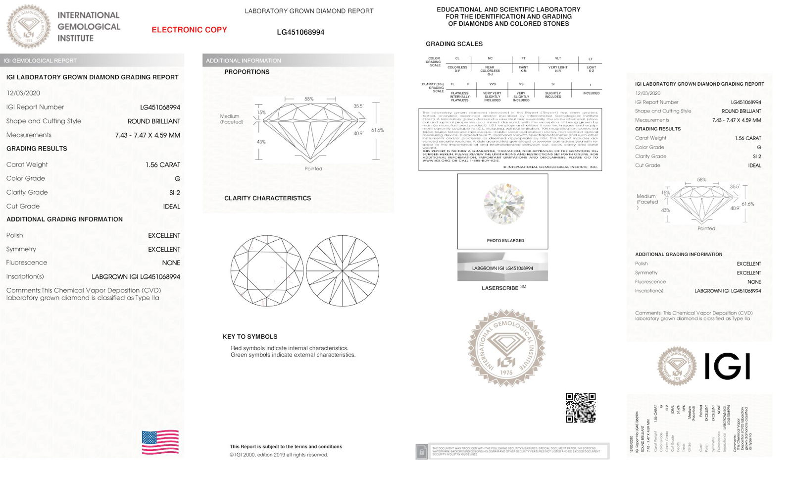 Certificate of diamond 1.56 Carat Round Diamond