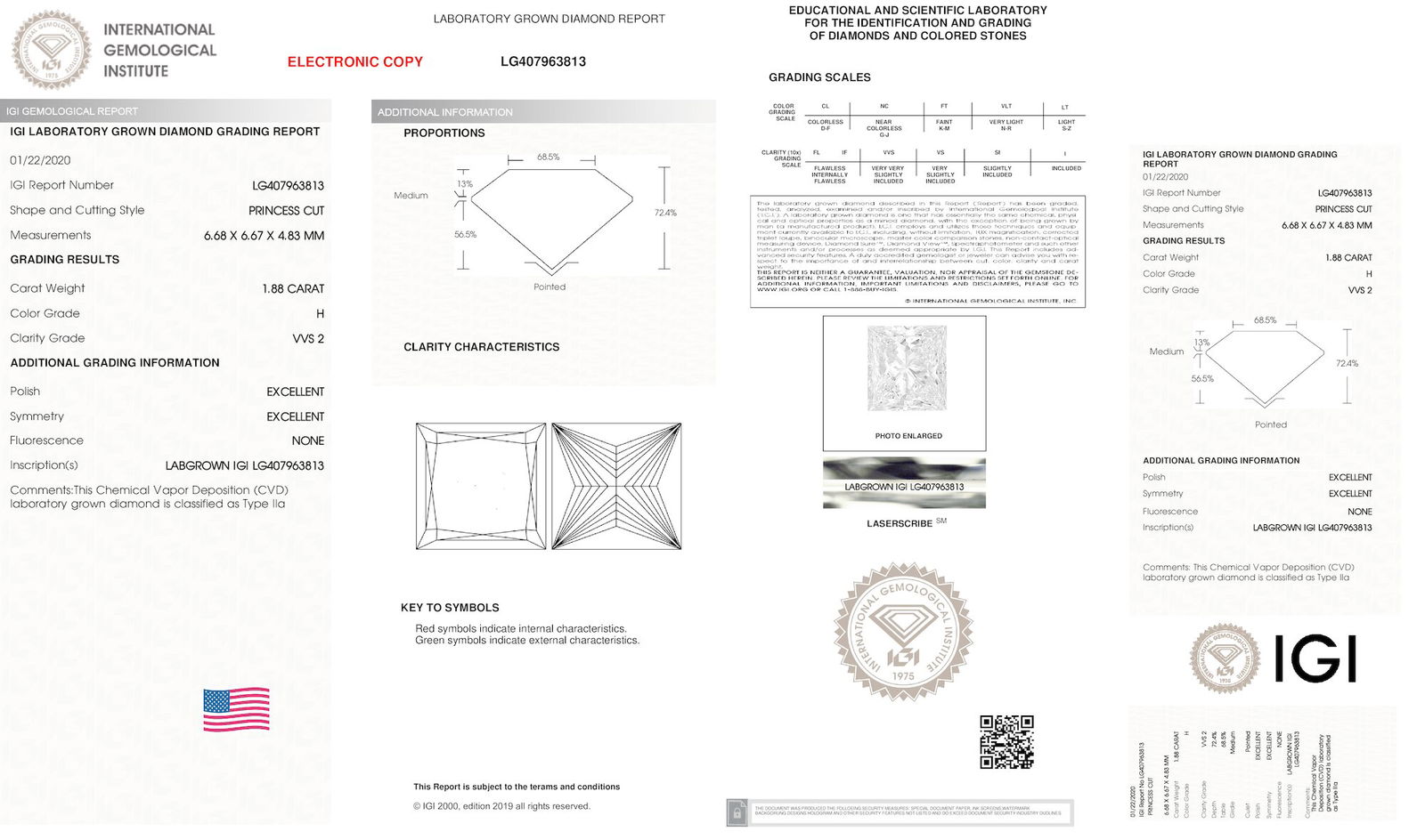 Certificate of diamond 1.88 Carat Princess Diamond