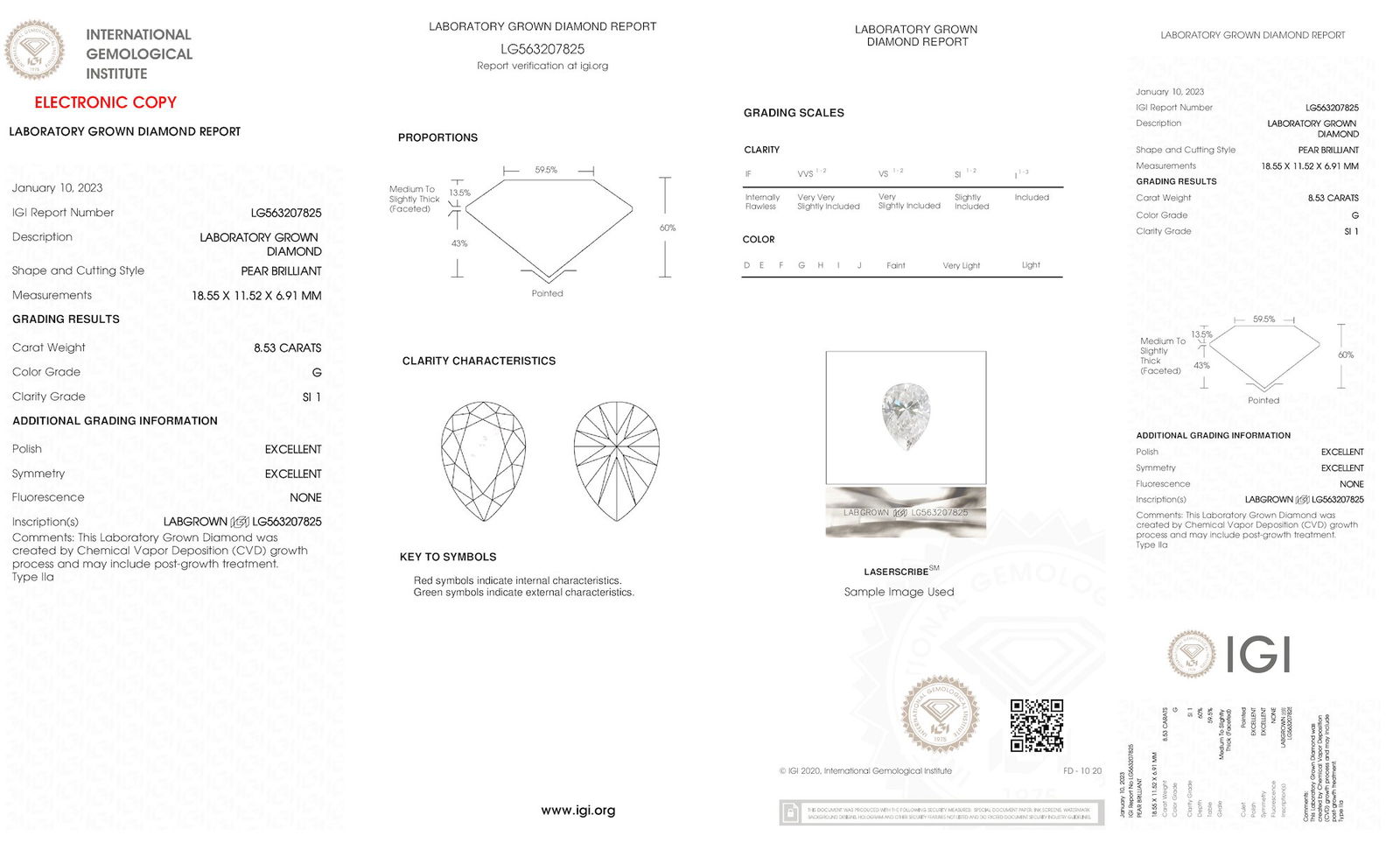 Certificate of diamond 8.53 Carat Pear Diamond