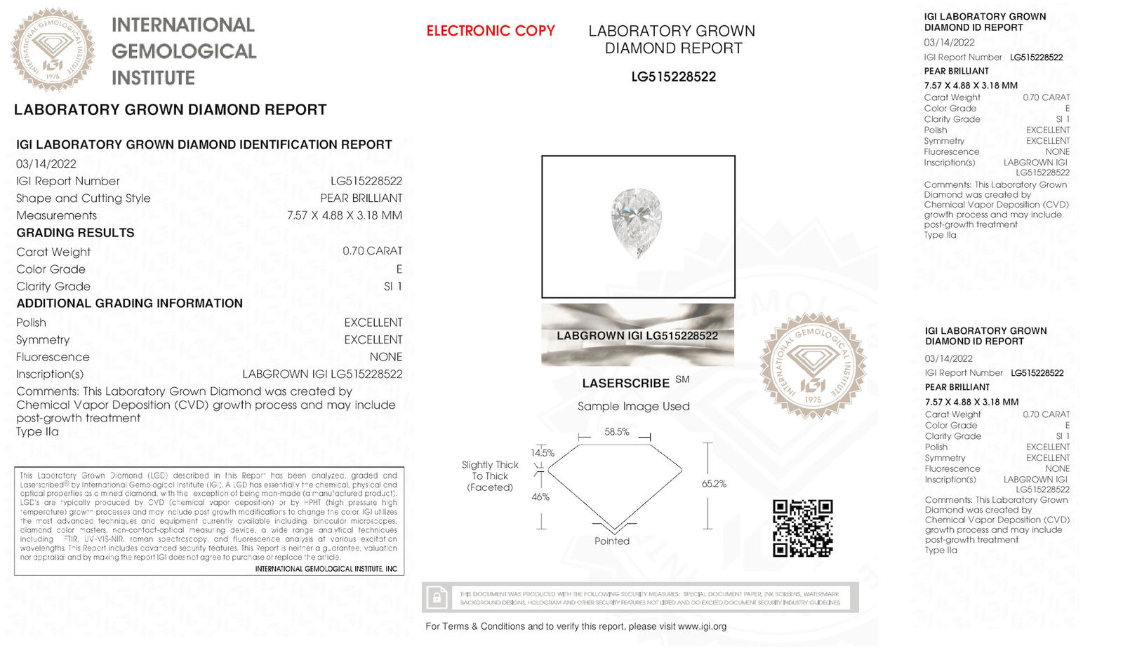 Certificate of diamond 0.7 Carat Pear Diamond