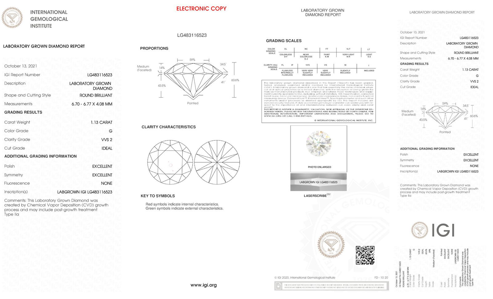 Certificate of diamond 1.13 Carat Round Diamond