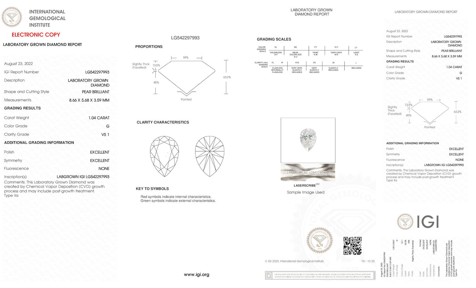 Certificate of diamond 1.04 Carat Pear Diamond