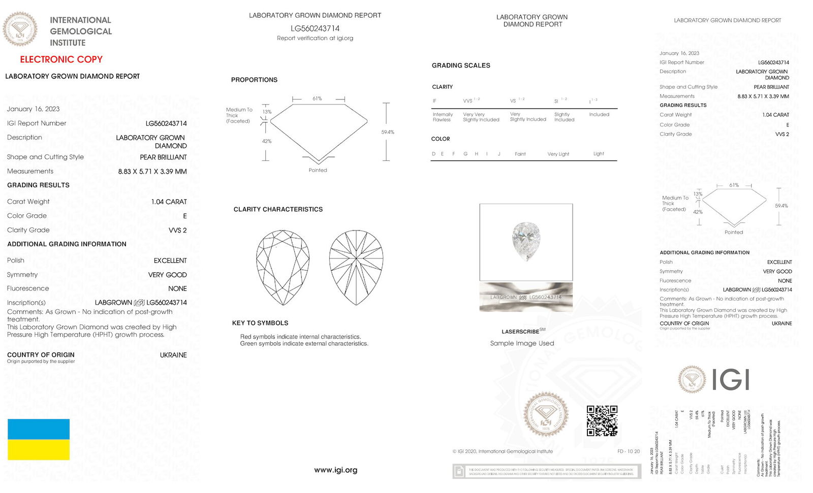Certificate of diamond 1.04 Carat Pear Diamond