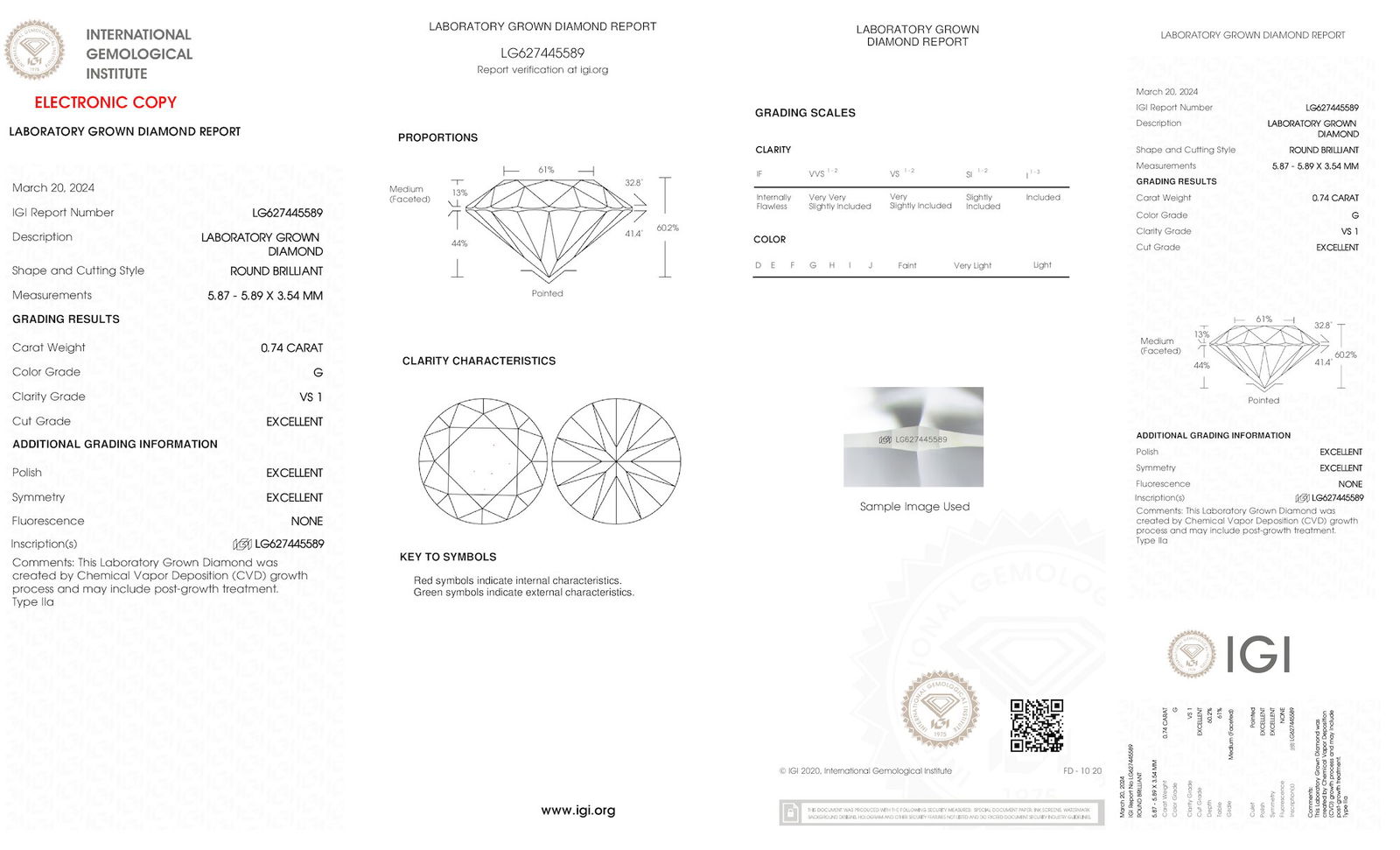 Certificate of diamond 0.74 Carat Round Diamond