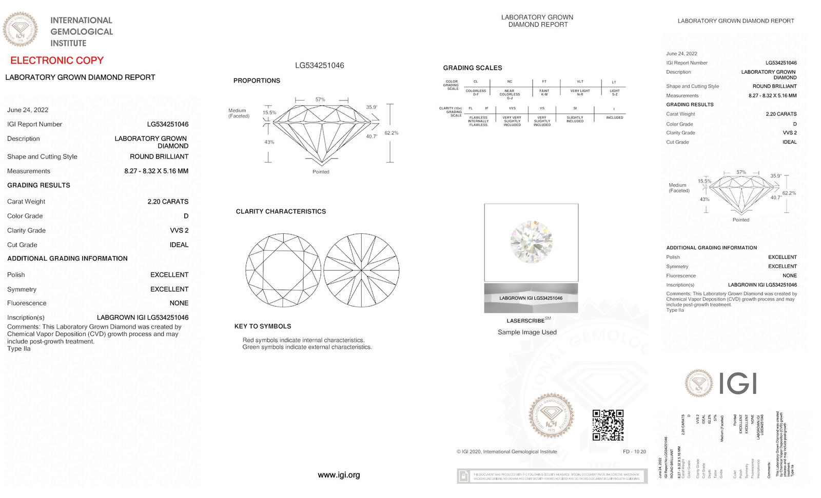 Certificate of diamond 2.2 Carat Round Diamond