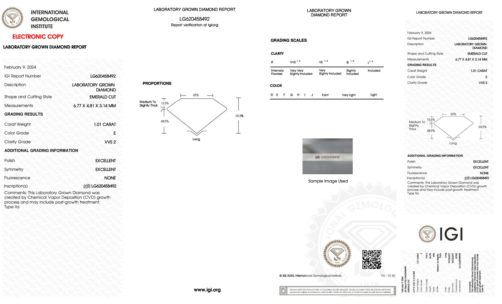 Certificate of diamond 1.01 Carat Emerald Diamond