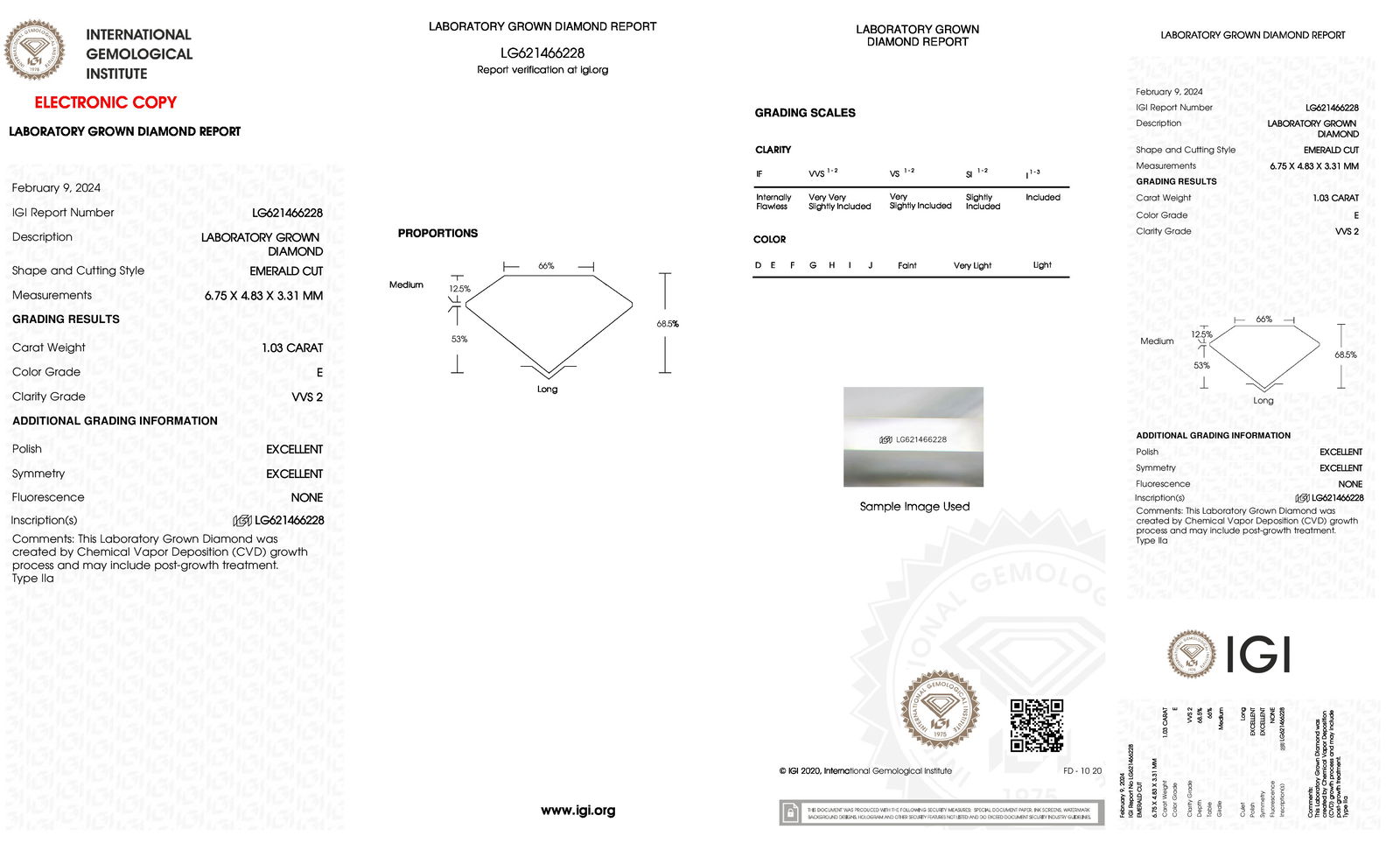 Certificate of diamond 1.03 Carat Emerald Diamond