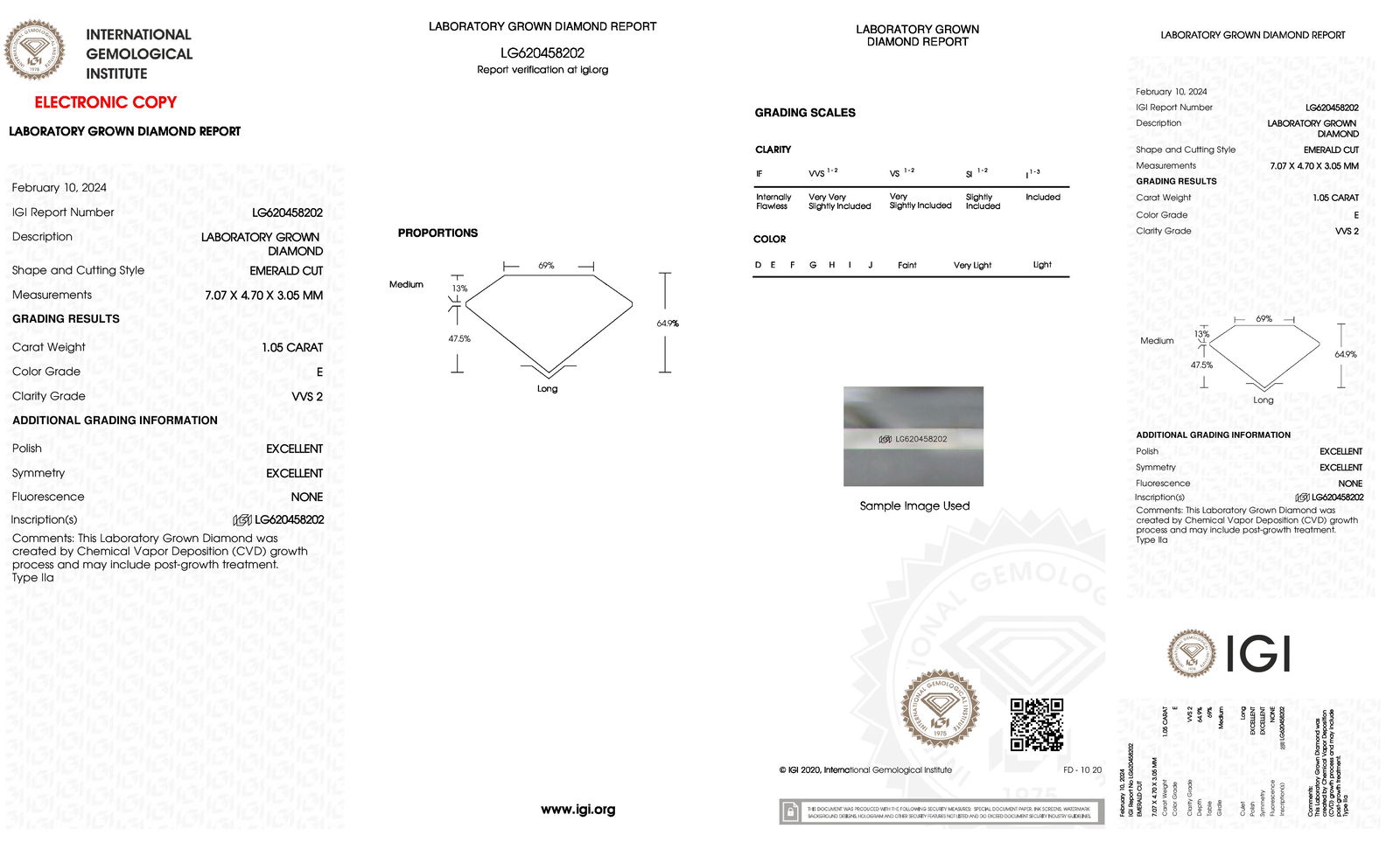 Certificate of diamond 1.05 Carat Emerald Diamond