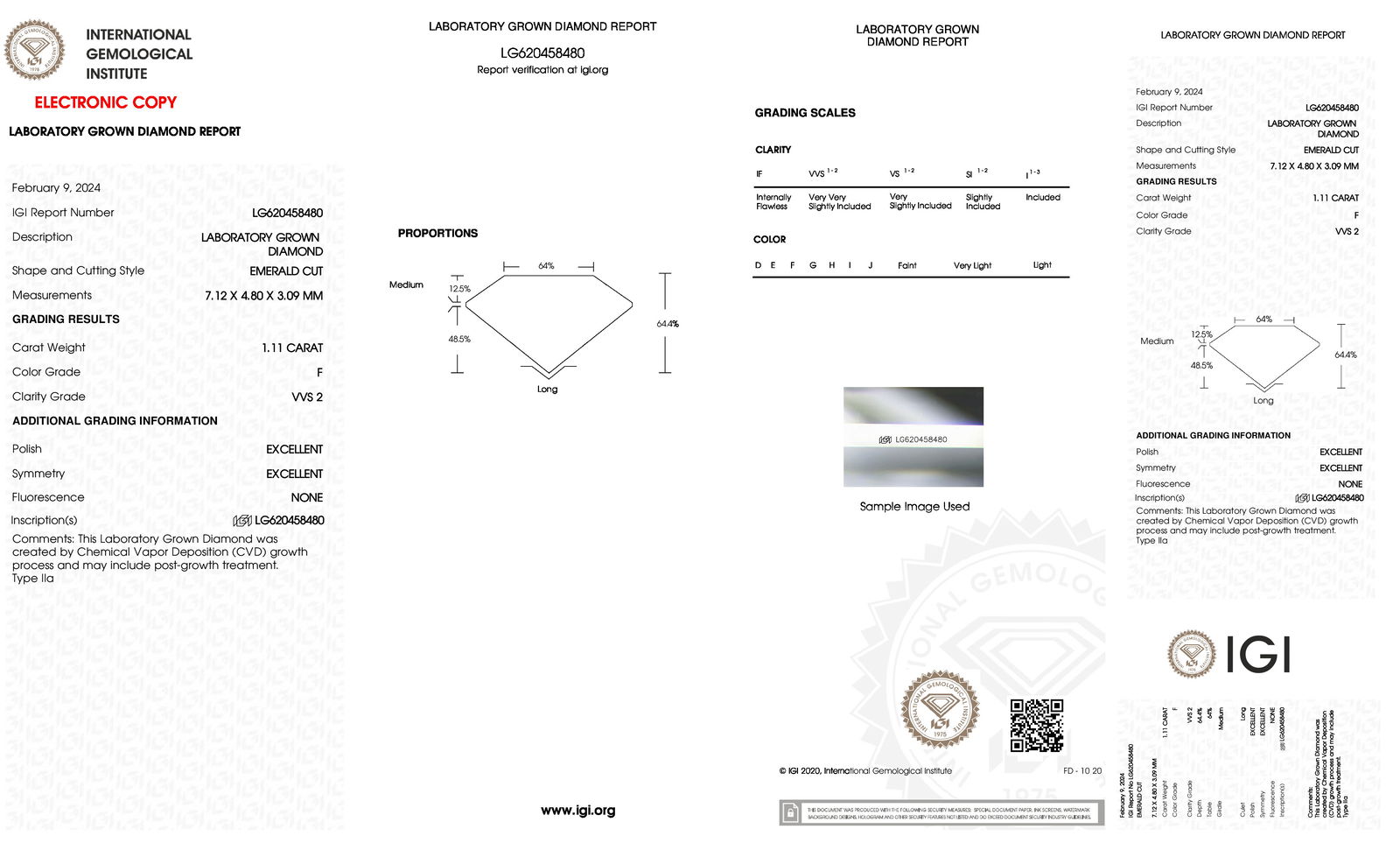 Certificate of diamond 1.11 Carat Emerald Diamond