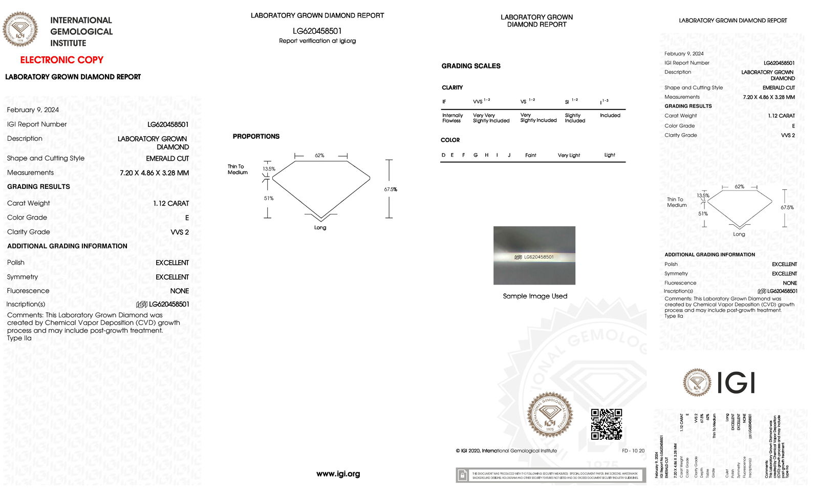 Certificate of diamond 1.12 Carat Emerald Diamond