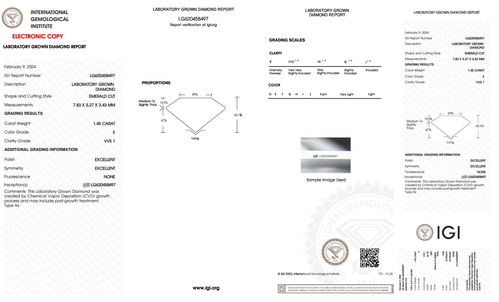 Certificate of diamond 1.45 Carat Emerald Diamond