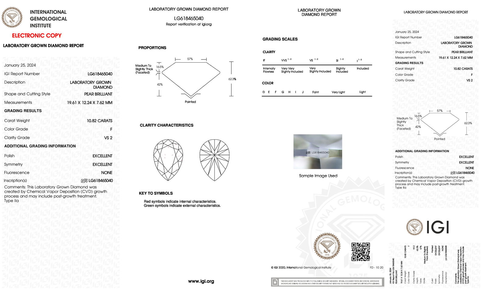 Certificate of diamond 10.82 Carat Pear Diamond